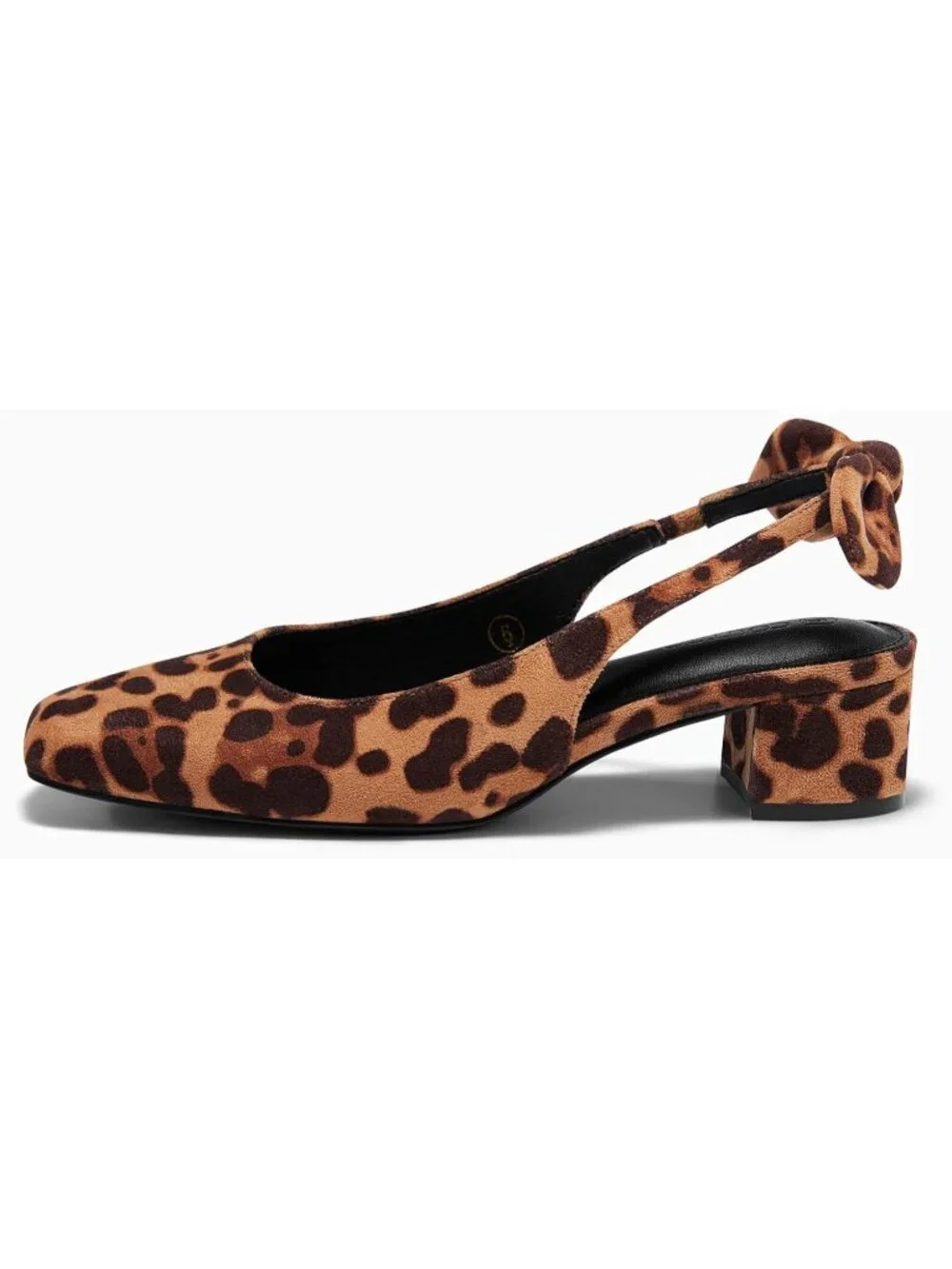 Women's Leopard Faux Suede Chunky Low Heel Bow Slingback Closed Square Toe Pumps